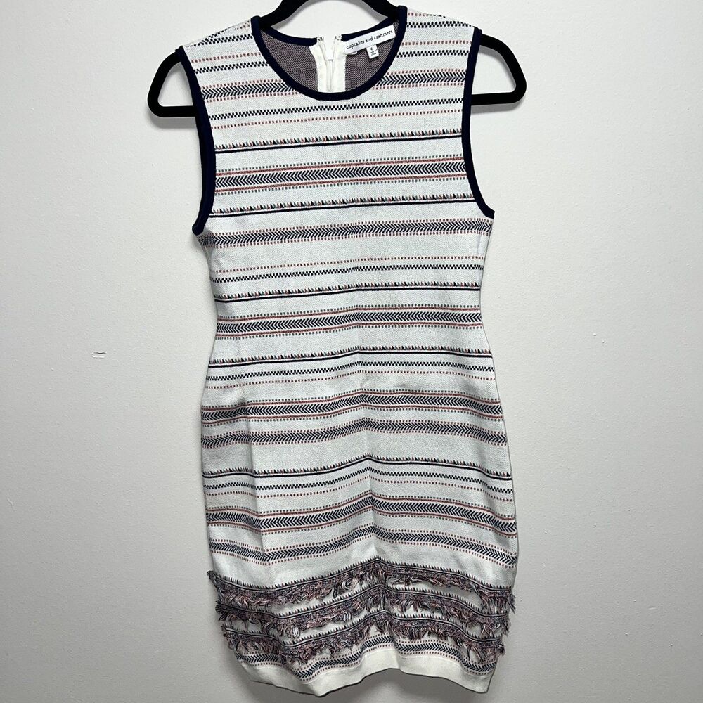 Cupcakes and Cashmere Sonata Cream Fringed Knit Sheath Mini Dress 6 small